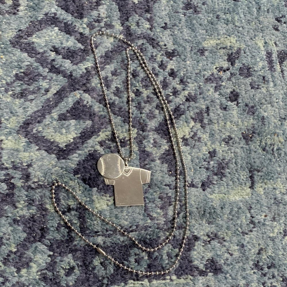 Vintage 40” stainless steel dog chain w baseball jersey and ball pendants